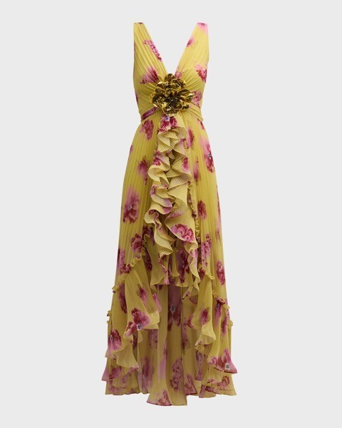 Ungaro Yellow/pink Floral Pleated Ruffle High-Low Dress – size 10