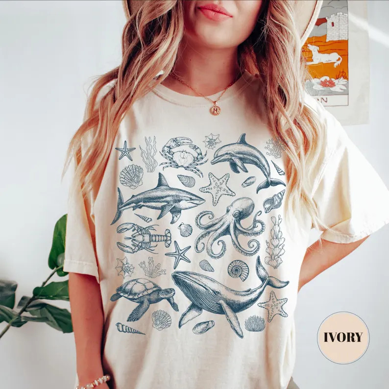 Retro Ocean Animals Comfort Tee Marine Life Sea Creature Top