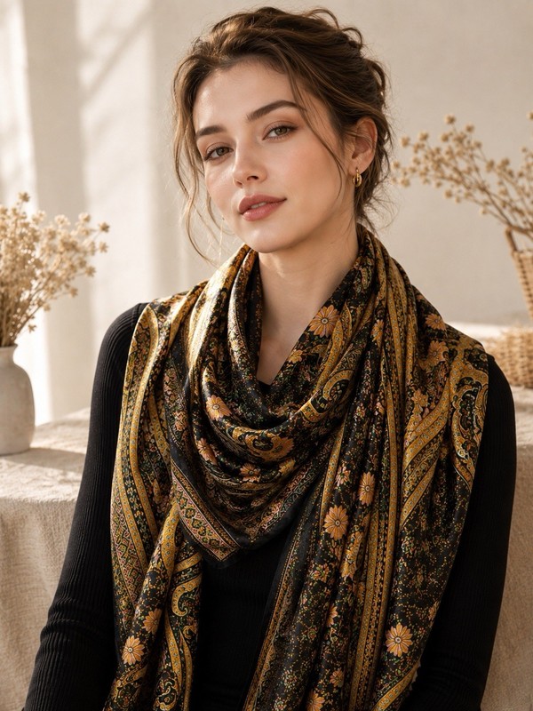 Vintage Paisley Floral Shawl Scarf Black Gold Wrap Boho Scarf 35 x 71 Inches gallery