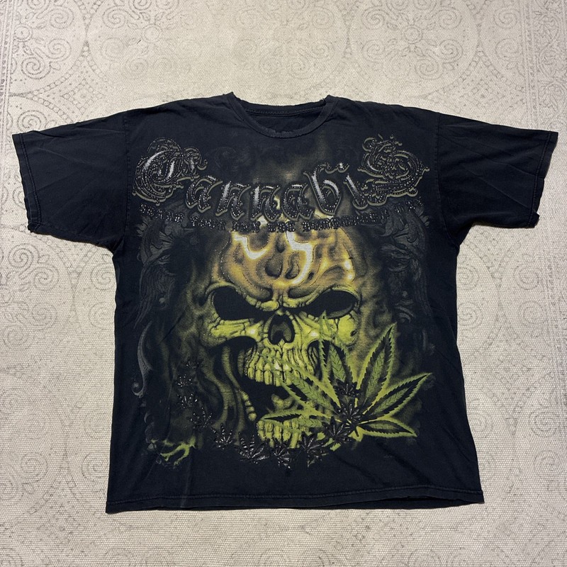 Vintage Y2K Marijuana Skull Graphic T Shirt Street Skate XL Weed 420 Tee