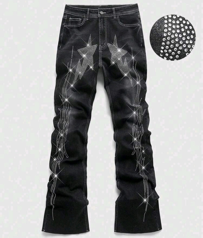 New Men Luxury Jeans Diamond Stars Rhinestones Black Denim Trousers High Quality
