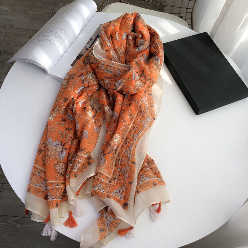 Orange Floral Cotton Linen Scarf for Women Lightweight Tassel Shawl Spring Fall