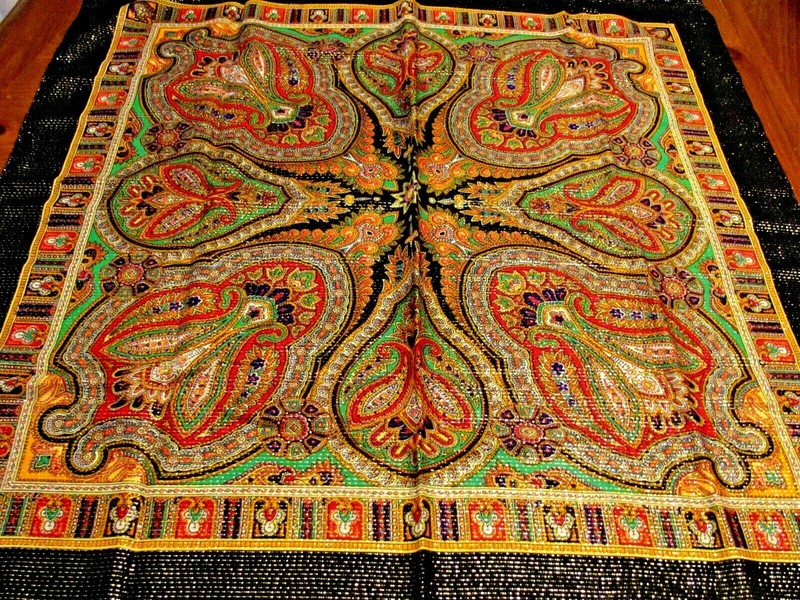 HAND SCREEN PRINTED JAPAN PAISLEY MULTI-COLORED 100% WOOL SCARF 31″ X 30 NWOT
