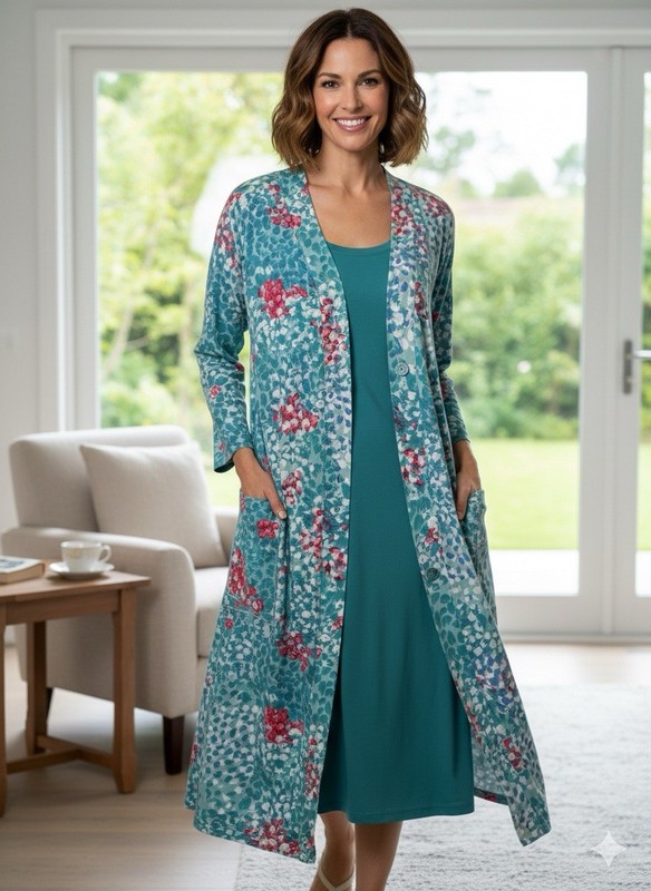 Carole Hochman XS 2pc Teal Floral Dress & 3/4 Sleeve Duster Set Pockets