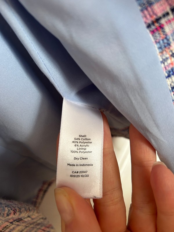 Talbots 14 Pink White Blue Tweed Blazer Jacket Lined Silver Buttons gallery