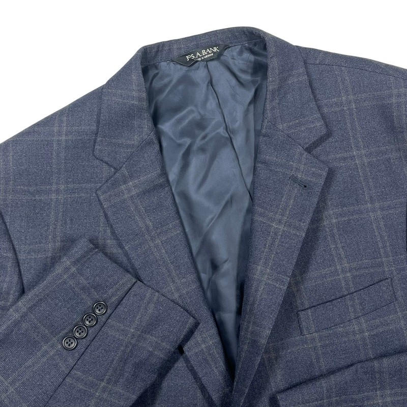 Jos A Bank Signature Collection Wool Blazer Mens 46L Navy Blue Windowpane Plaid