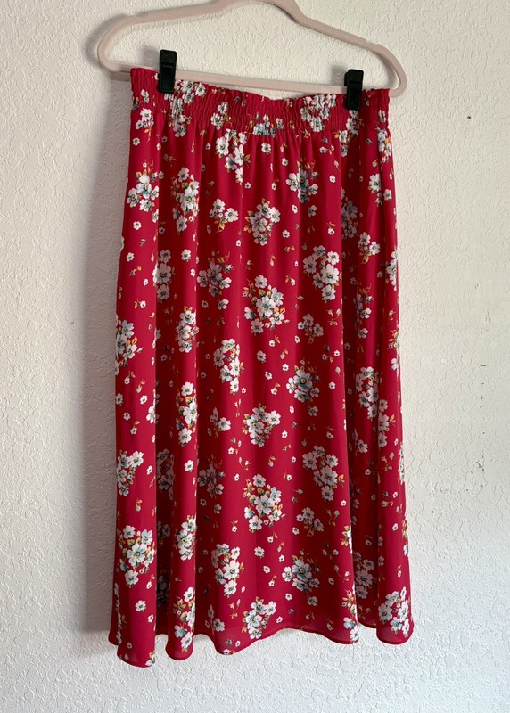 LOFT Raspberry Pink Floral Midi Skirt Medium Cottagecore Elastic Waist Pockets