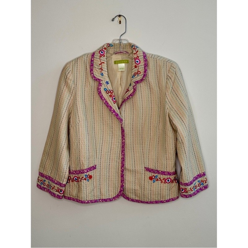 Sigrid Olson Sz 8 Neutral Color Jacket with Multi-Color Flower Embroidery