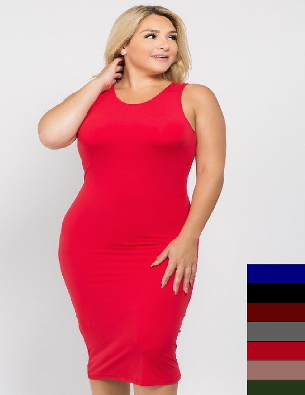 Womens XL/1XL,2XL,3XL Solid Bodycon Round Neck Tank Top Sleeveless Midi Dress!
