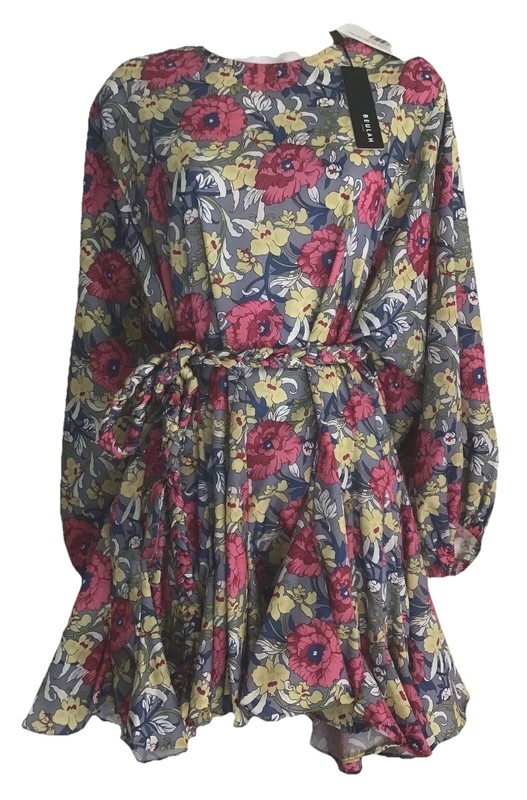 REULAH STYLE FLORAL PRINTED LONG SLEEVE FLUTTER BELTED SHIRT DRESS SIZE- M