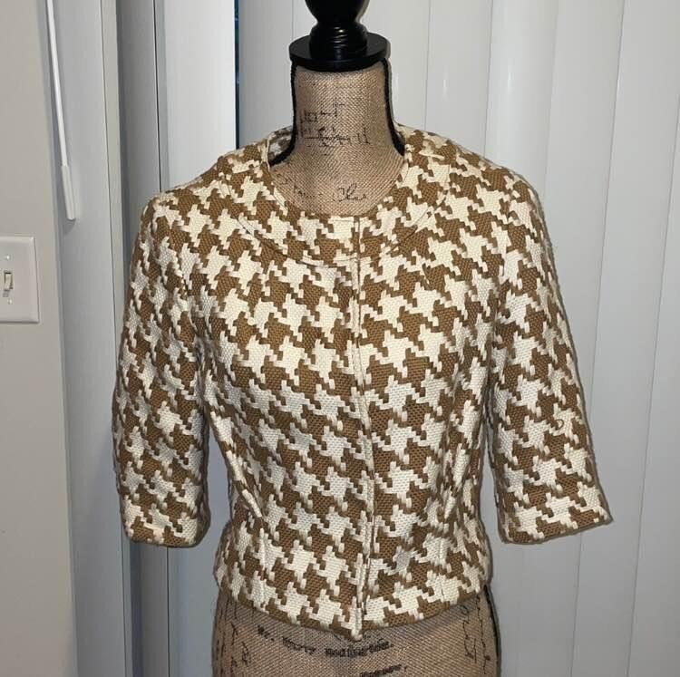 Michael Kors Women’s Knit Jacket Brown White Houndstooth Cropped XS