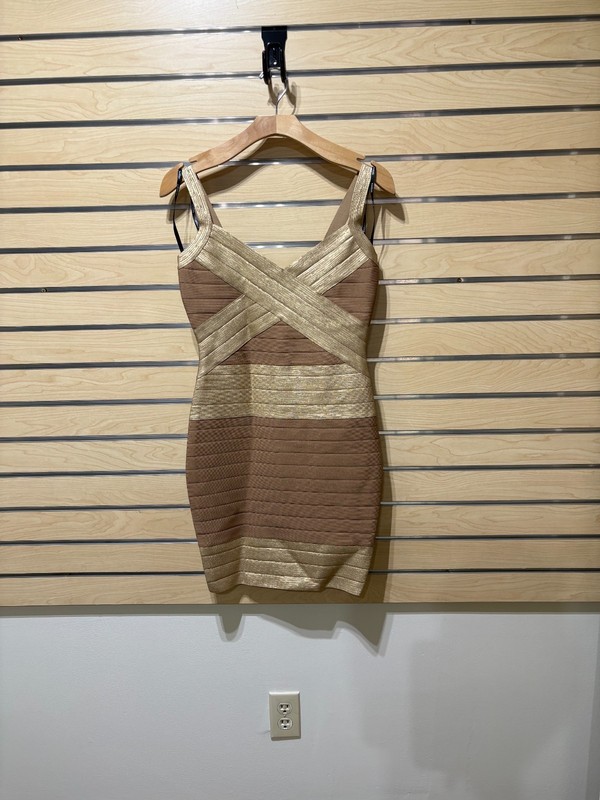 Bebe NWT taupe and metallic gold bandage bodycon mini dress size M