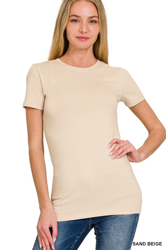 SHORT SLEEVE CREW NECK Basic Women T-Shirt Cotton Long Top Fitted Plain Stretch gallery