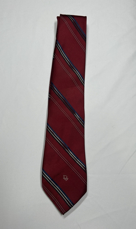 Vintage Christian Dior Men’s Red Blue White Black Woven Silk Striped Logo Tie