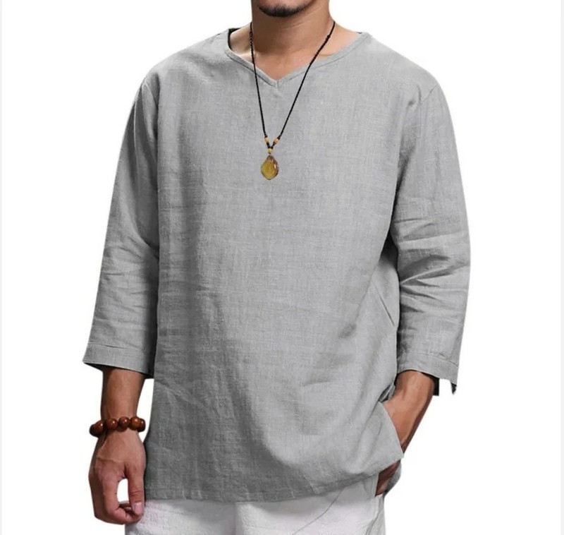 Men’s 3/4 Sleeve Casual Cotton Pullover V-Neck Loose Fit Beach Shirt gallery
