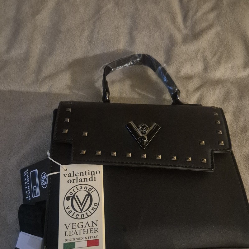 Valentino Orlandi Black Studded Logo Top Handle Satchel, Detachable Strap gallery