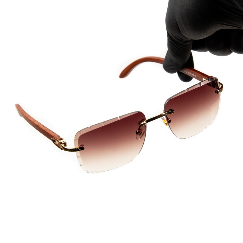 Mens Burgundy Gradient Tint Rimless Gold Frame Woodgrain Gem Cut Sunglasses