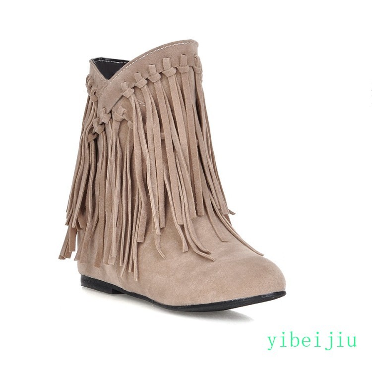 Vintage Women Tassel Faux Suede Ankle Boots Hidden Wedge Heel Shoes Fringe Retro
