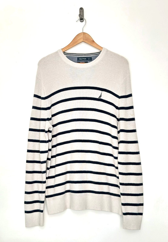 Nautica Navtech Men’s Large Striped Sweater Cream Navy Cotton Blend Crew Neck