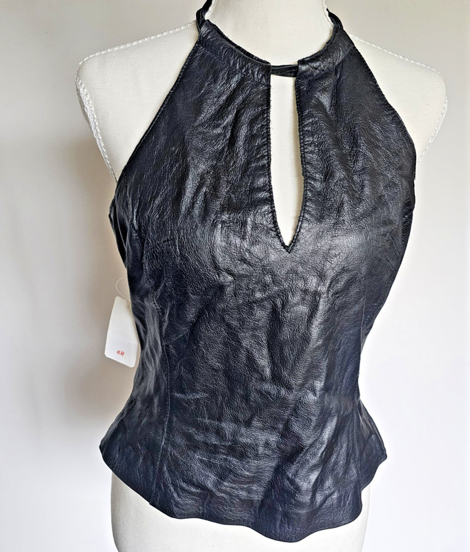 Vtg Y2K H&M Genuine Leather Halter Top NWT Black Biker Festival Boho Goth Sz 10