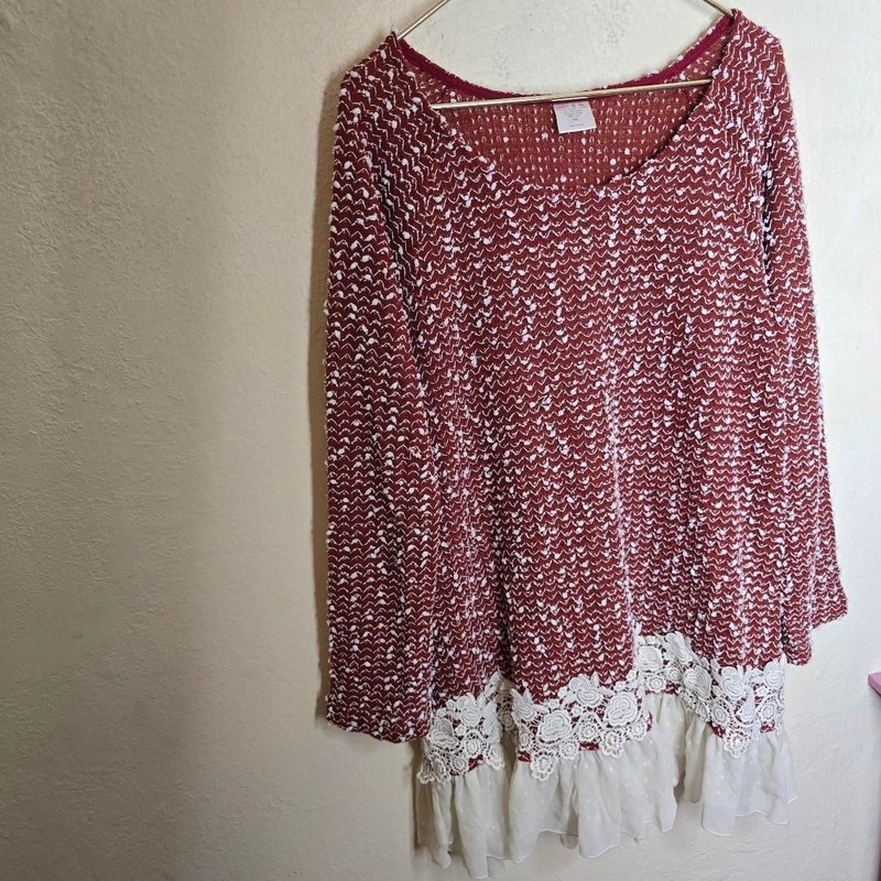 Burgundy Popcorn Knit Lace Ruffle Tunic Dress gallery
