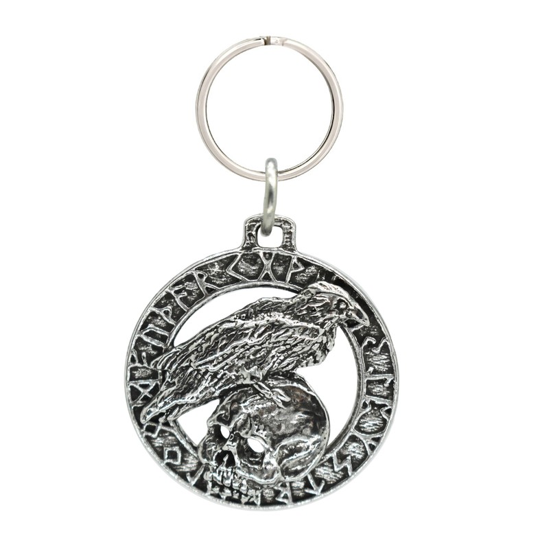 Raven On Skull Runes Keychain, G015KC, 1 1/2 inch, Viking, Norse, Metal, Gift