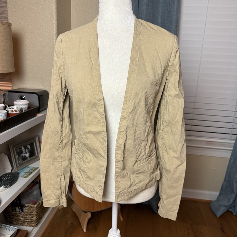 Theory Crunch Wash Open Front Clean Blazer Tan Linen Blend Size 6 $395
