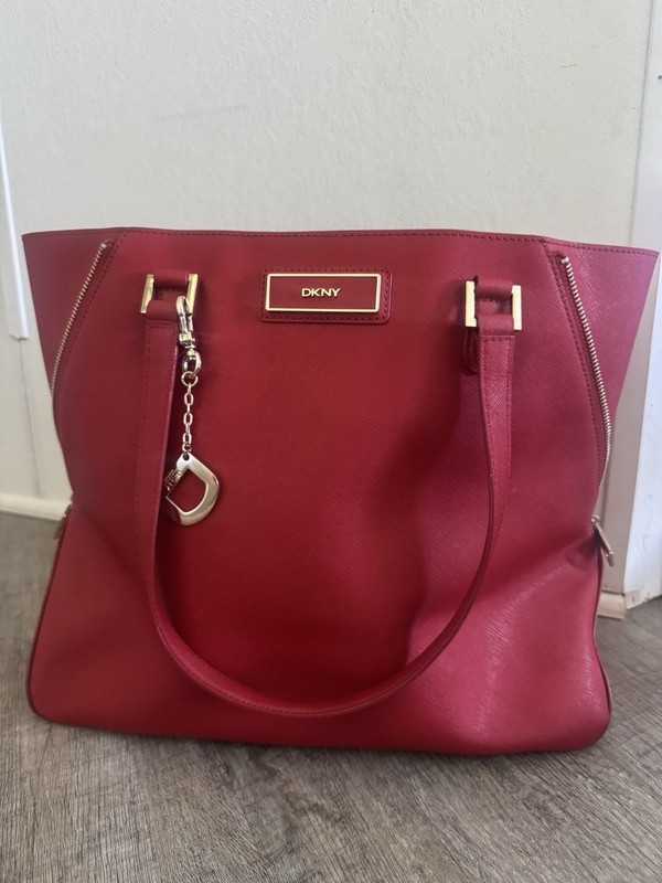 DKNY Leather Large Red Tote Shoulder Bag Zip Closure Gold Hardware