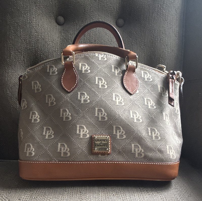 Dooney & Bourke Monogram Taupe/Brown Zip Satchel, Strap, Gold Hardware, Pockets