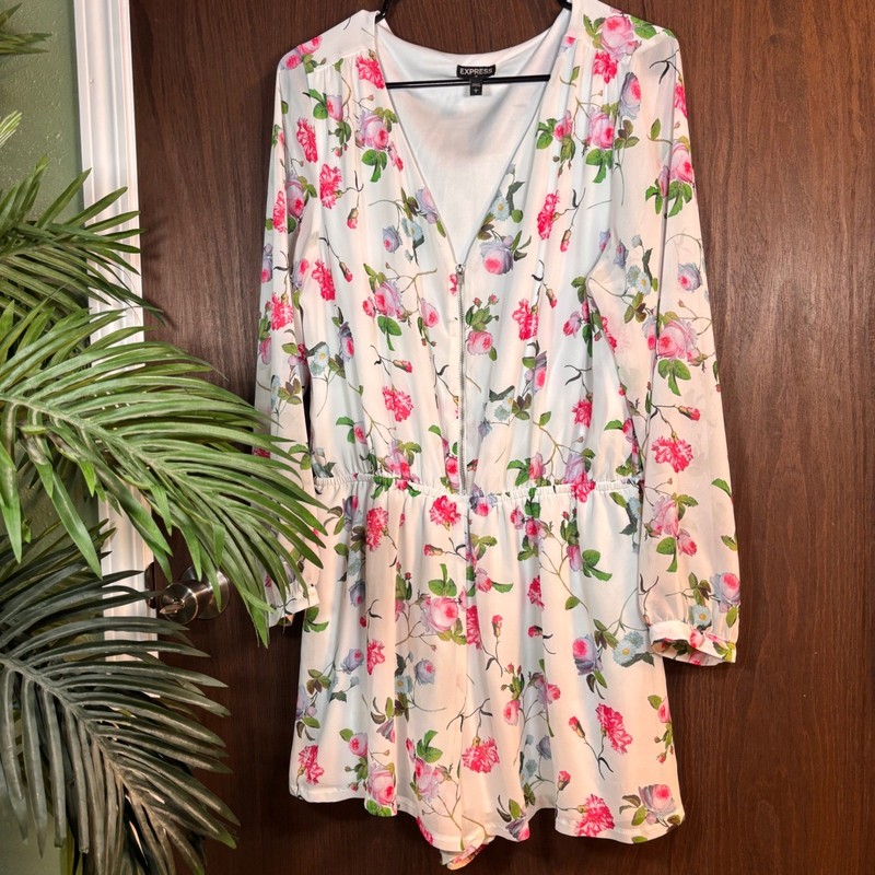 Express Floral Long Sleeve Romper Dress White Pink Roses Size L