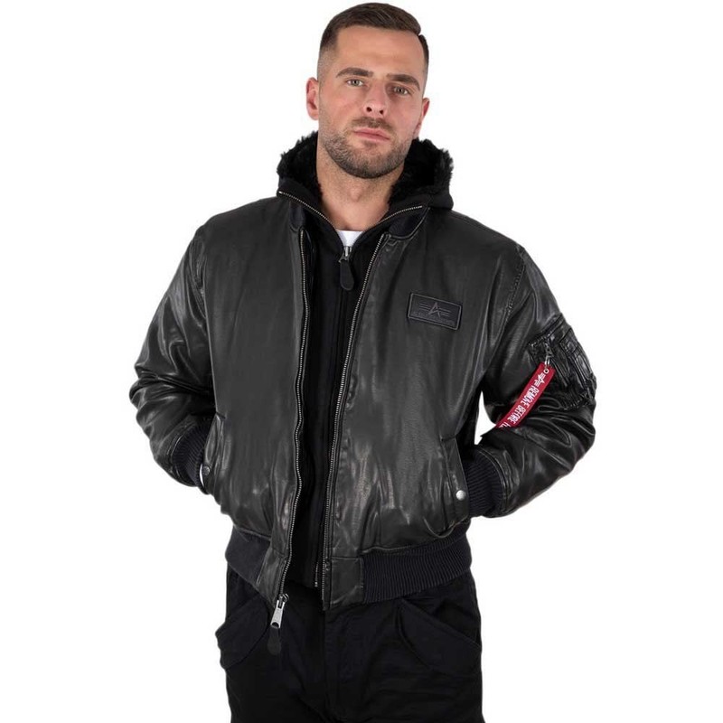 Men’s MA1 DTec Faux Leather Bomber Jacket, Black/Black, M