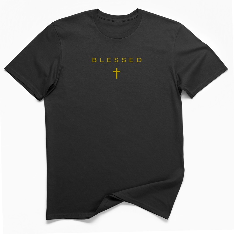 Blessed Christian T-Shirt Cross Minimalist Faith Tee Black Shirt