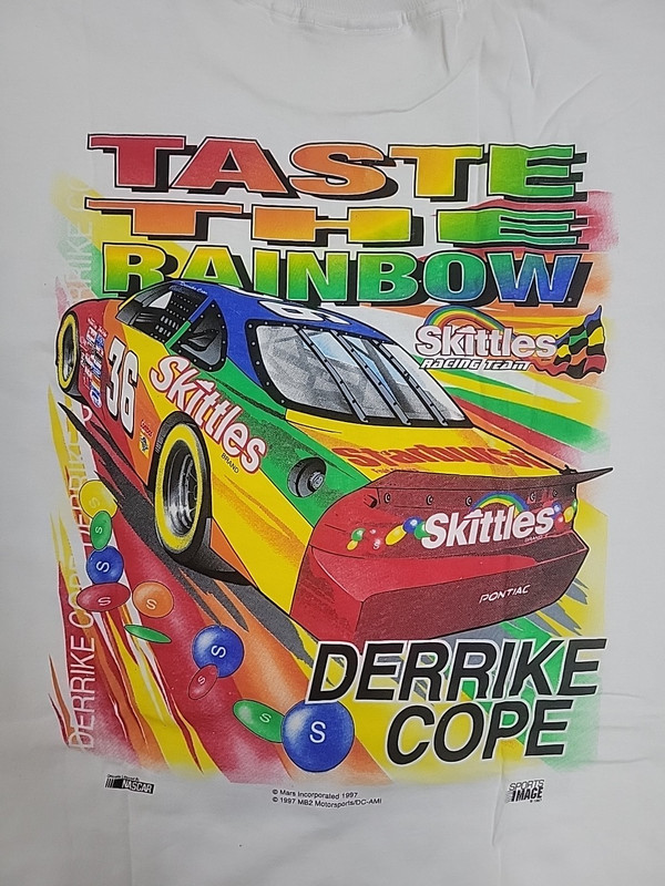 VTG NASCAR Skittles Taste The Rainbow Slogan T Shirt Derrike Cope USA Men's XL gallery