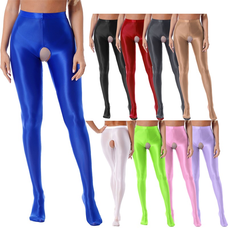 Women's Pantyhose Shiny Footed Tight Oily Bright Shimmery Open Crotch Stockings gallery