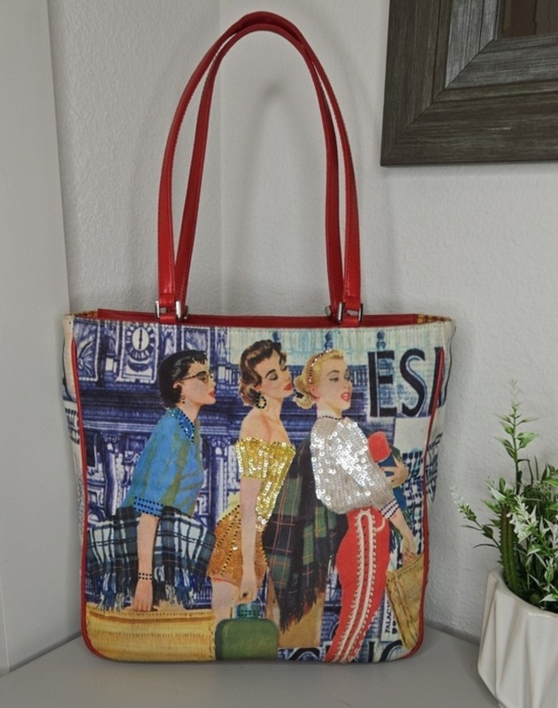 Vintage Isabella Fiore Tote City Shopping 50’s Theme Sequin Front