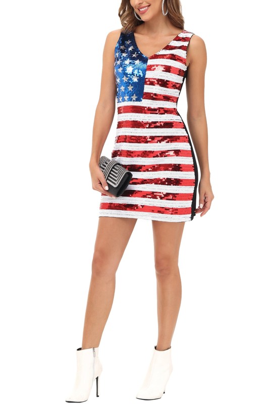 American Flag Sequin Dress V-Neck Sleeveless USA Patriotic Glitter Tank Dress gallery