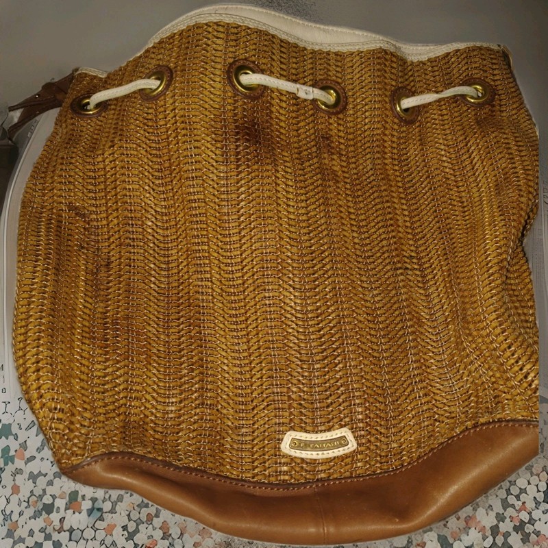 Tahari Brown/Tan Woven Bucket Drawstring Shoulder Bag Detachable Strap Gold