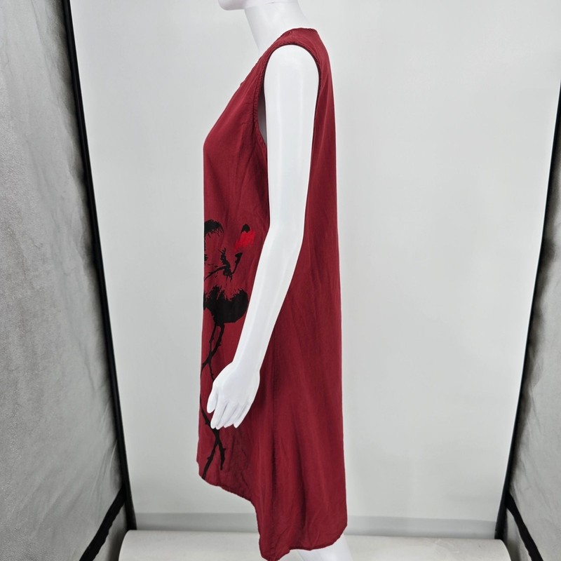 Modern Burgundy Sumi-e-Style Brushstroke Floral Print Sleeveless Dress (L) gallery