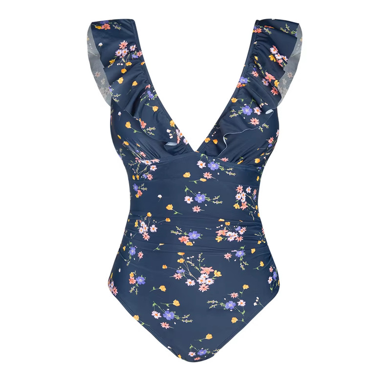 H Ruffle One Piece Swimsuit Womens Navy Blue Floral V Neck