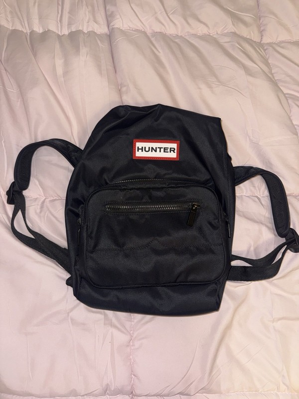 Hunter Black Small Backpack Zip Closure Front Pocket Top Handle Logo Patch
