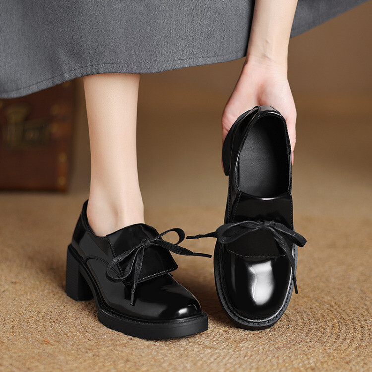 Women’s Lace Up Round Toe 6cm Mid Block Heels British Style Shoes Fashion Spring