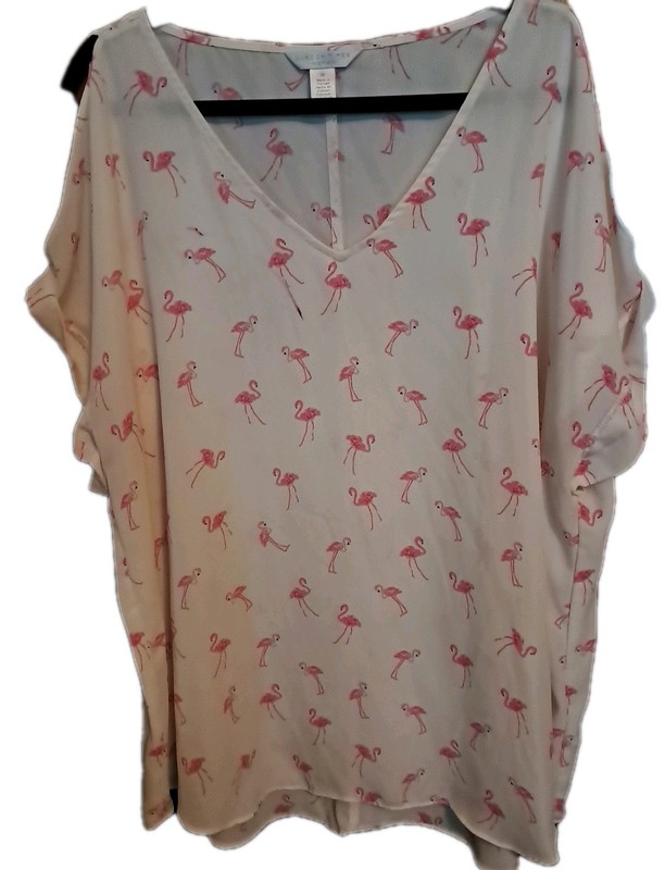London Times Flamingo Sheer Vneck Top Womans Plus Sz 2X Pink Cuffed Cap Sleeves