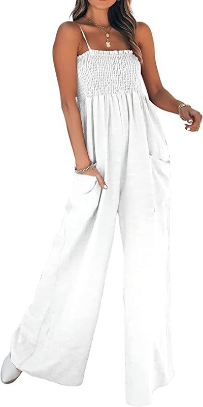 Women's Summer Sleeveless Smocked Wide Leg One Piece Jumpsuit with Pockets gallery