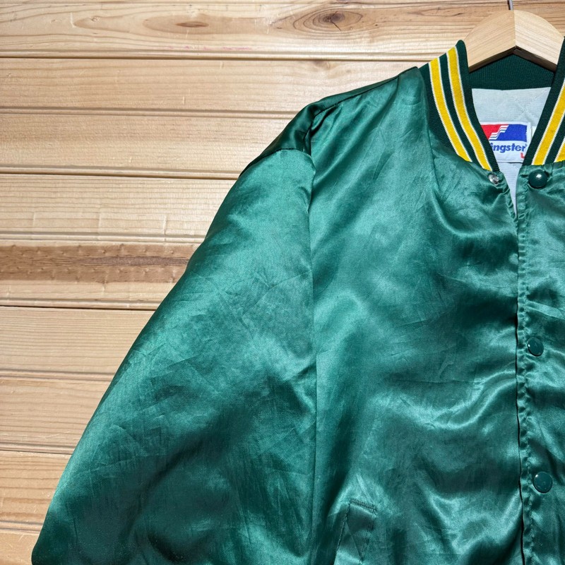 Vintage 80s 90s Athletics Script Logo Button Front Satin Bomber Jacket USA Large gallery
