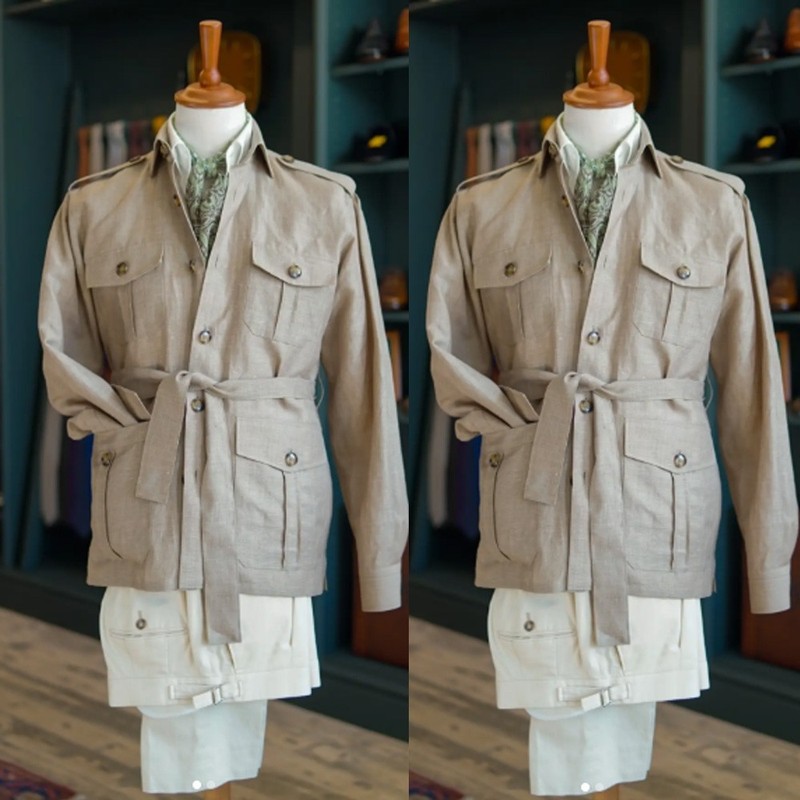 Linen Men’s Safari Jacket Belted Wedding Summer Casual Outdoor Hunting Coat Pant