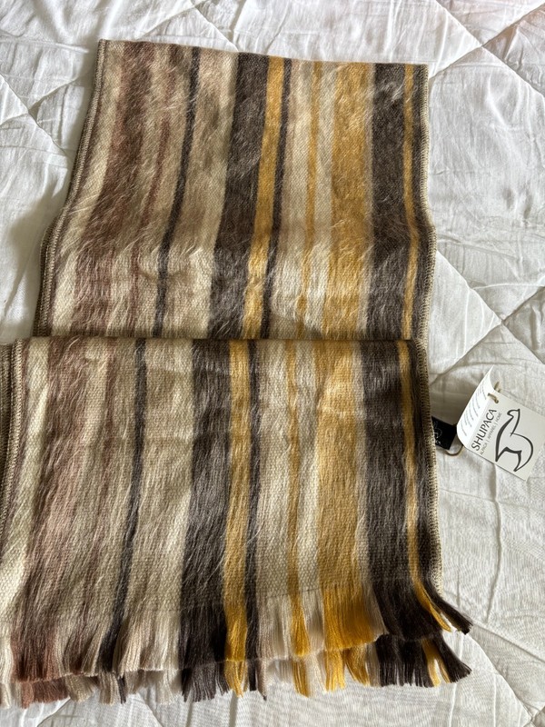 Beautiful, Soft, neutral color Shupaca Alpaca Blend Striped Scarf 11′ x75″ NWT
