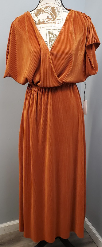 FLORET STUDIOS Plissé Pleated Surplice Dress Women M Orange Cinch Waist Backless