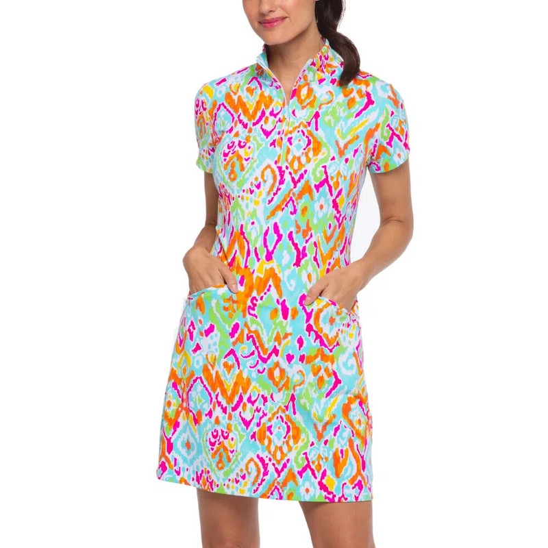 IBKUL Tillie Mock Neck Short Sleeve Dress Seafoam Multi S ize Small Golf Womens