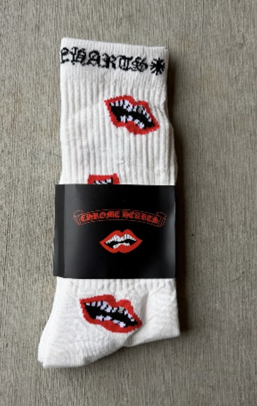 Chrome Hearts Men’s Crew Socks One Size Lips Logo White/Red/Black 1 Pair
