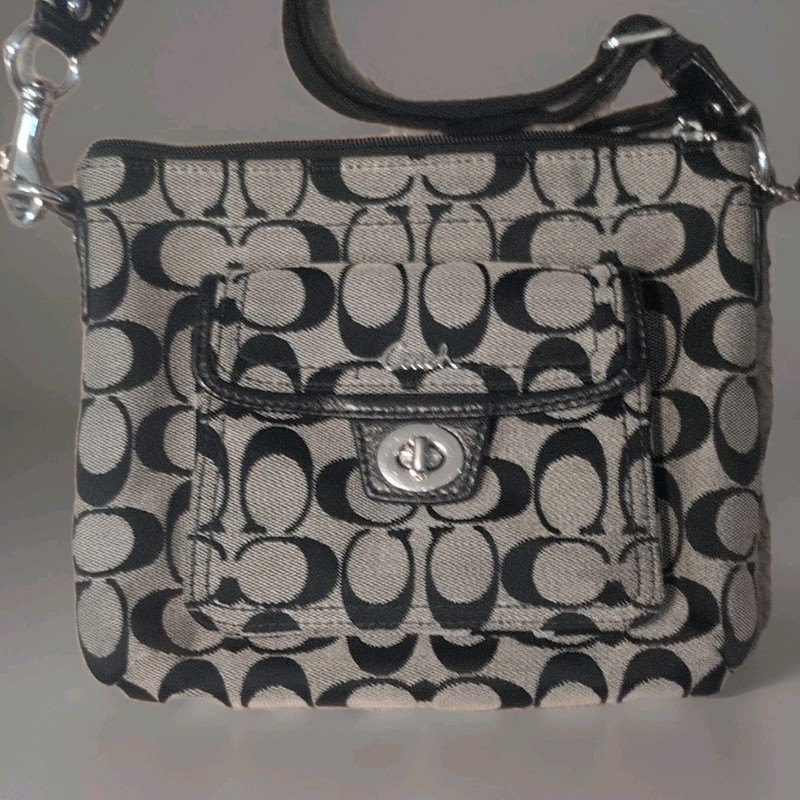 Coach! Signature Logo Crossbody Bag Black Gray Zip Turn Lock Detachable Strap